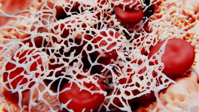closeup of stable fibrin clott on  red blood cells